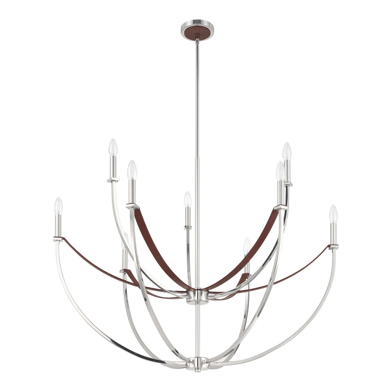 Sussex 40" Chandelier - Polished Nickel / Dark Brown Faux Leather